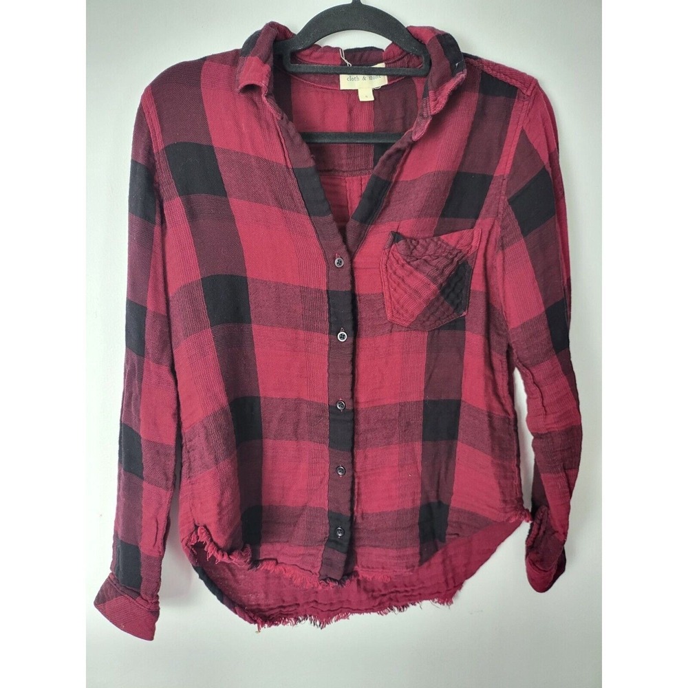 Cloth & Stone Button Front Top Sm Womens Long Sleeve Raw Hem Plaid Red Black